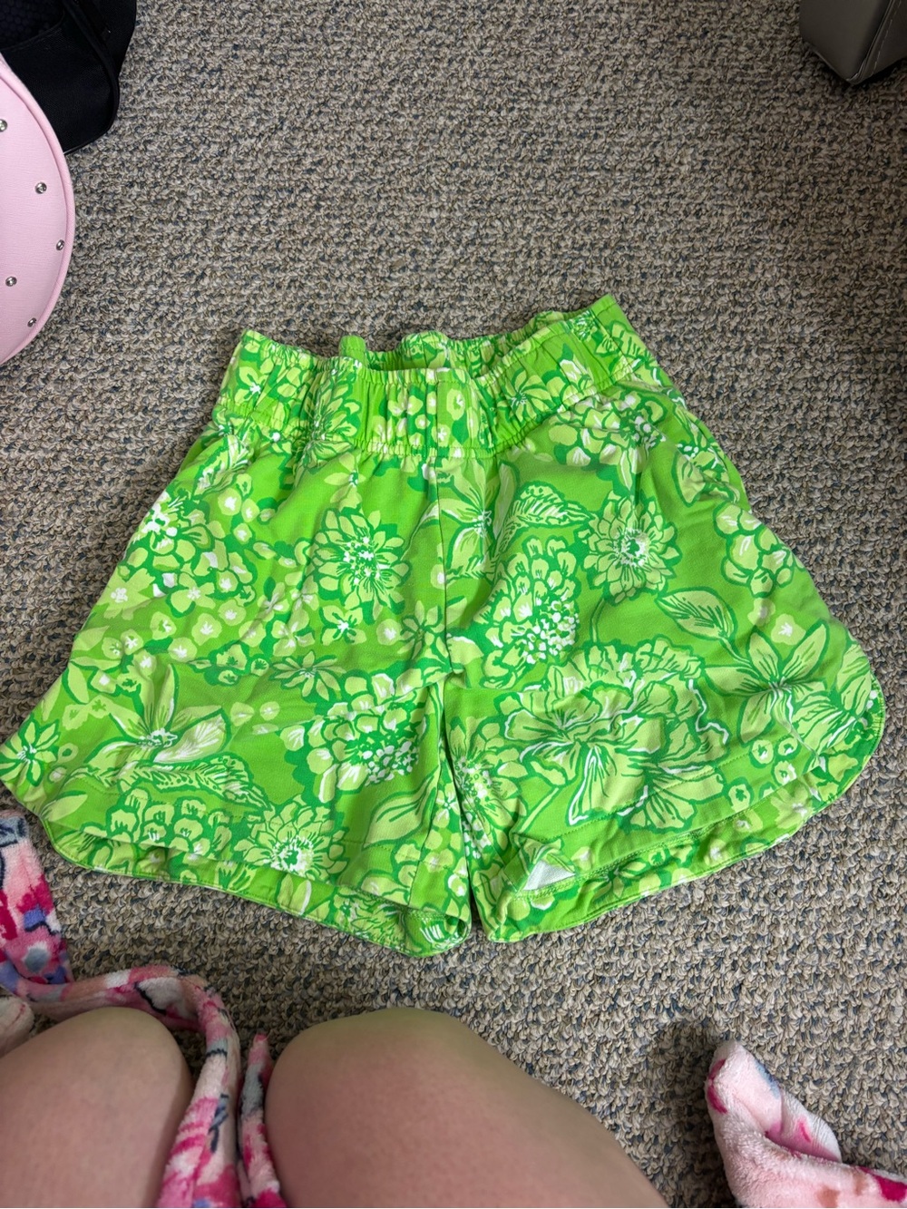 Bright Green Floral Elastic Waist Shorts